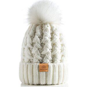 Women’s Whike Winter Ribbed Beanie Hat Chunky Cable Knit Pompom Warm